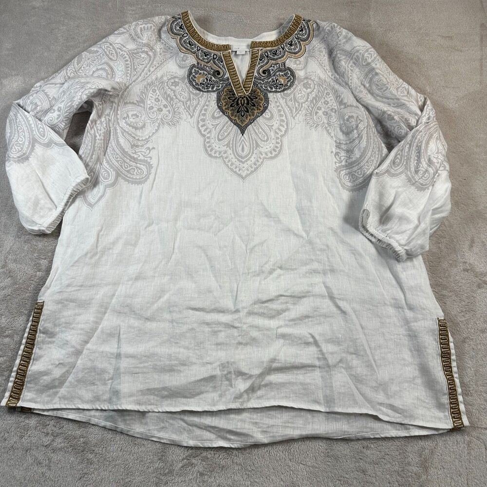 J.Jill Love Linen Tunic Boho Top Size Large White Color Paisley V-Neck